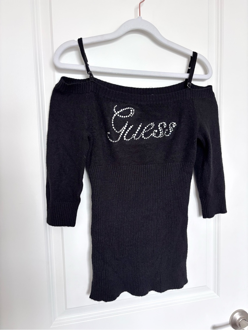 Guess Black Off Shoulder Rhinestone Logo Sweater Top Y2K Coquette Fits as Medium